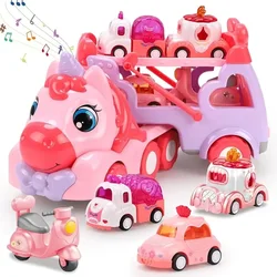 5 in 1 Unicorn Carrier Truck Car Toys for Girls Unicorn Toddler Toys Car Set with Music & Light Birthday Gift for Baby Boys Kids