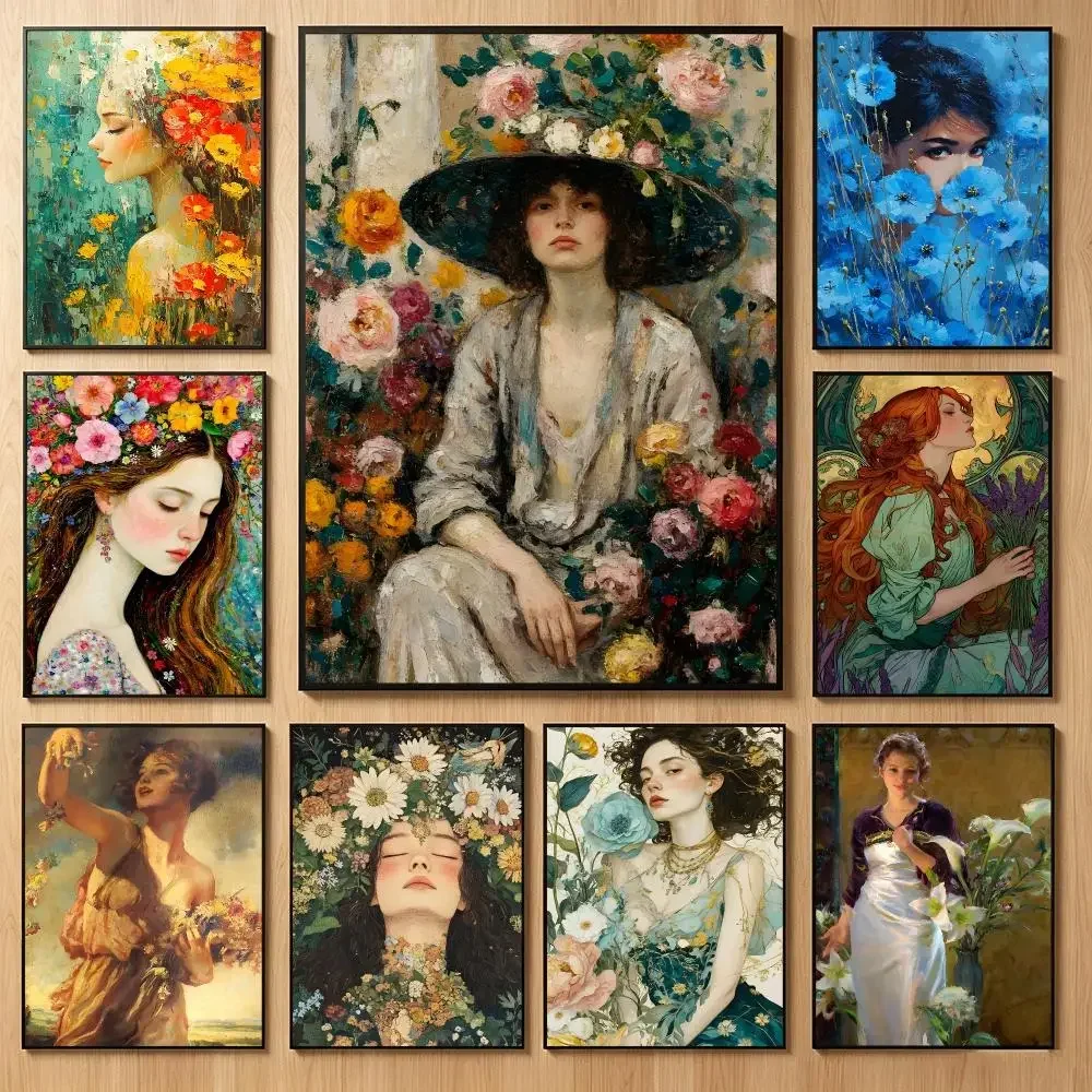 Gentle Art W-Woman And Flowers Poster Classic Self-Adhesive PP Wall Sticker for Living Room Bar Decor Gift