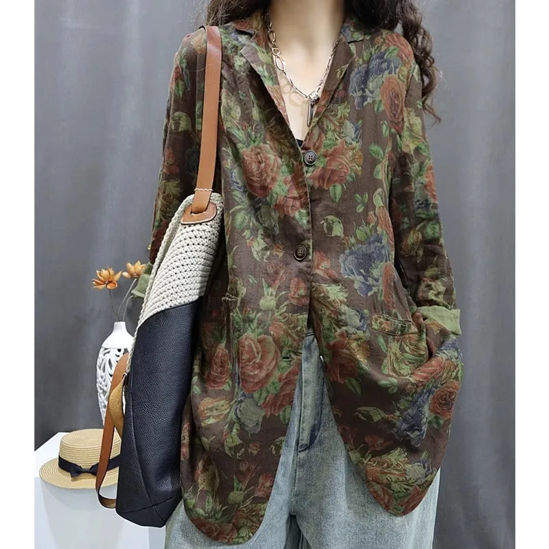 

Повседневная женская осенняя куртка-кардиган из хлопка и льна с длинным рукавом, принтованная, винтажная, свободного кроя, модная, универсальная, на пуговицах