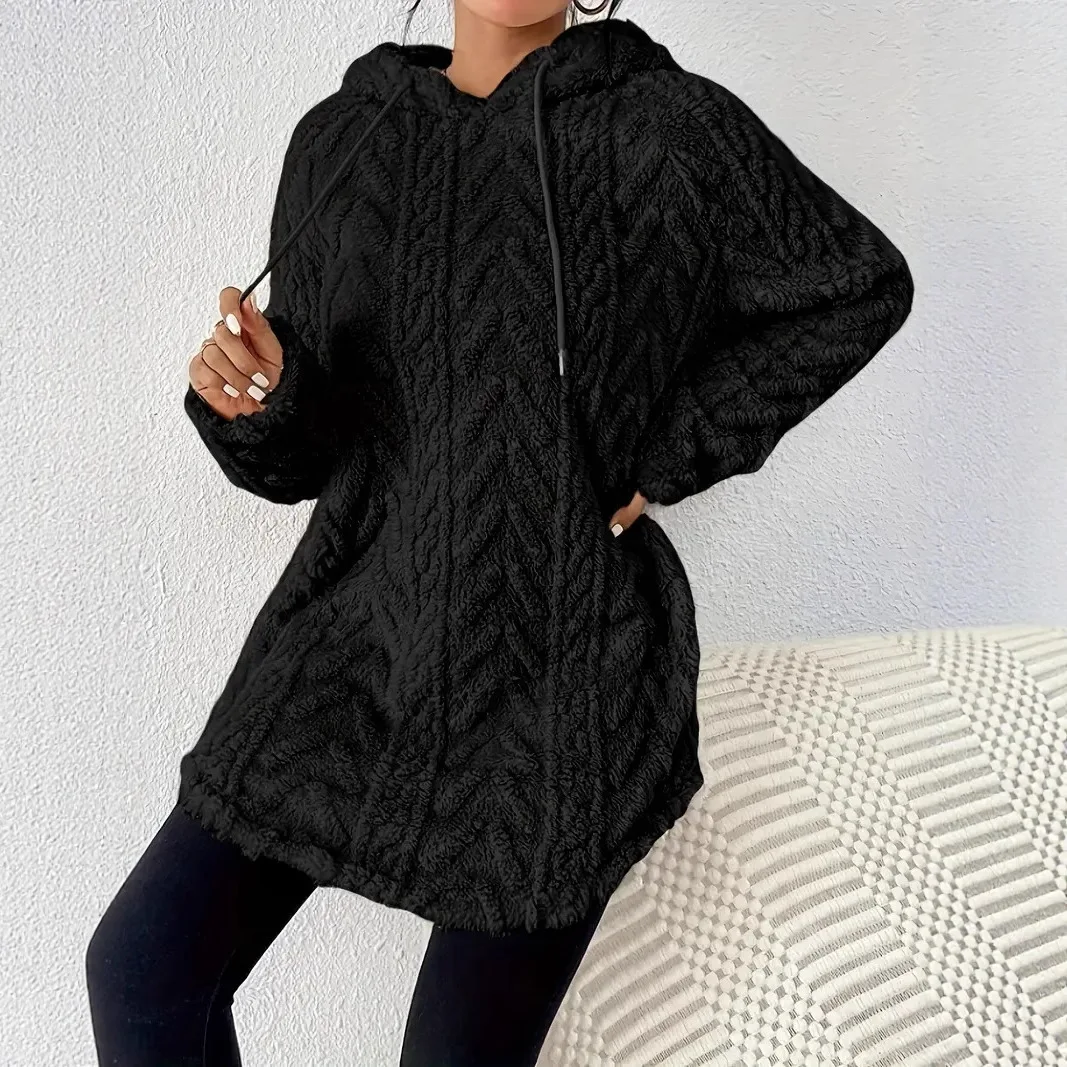 Ladies Knit Hoodie Long Length Drawstring Cable Knit Loose Fit Solid Color Casual Fall Winter Warm Cozy Outerwear Sweater Coat