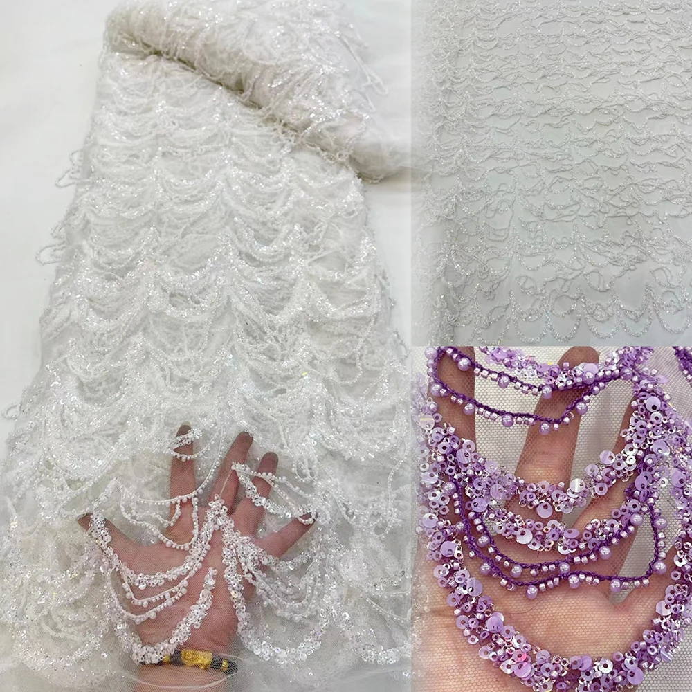 

Sinya White Luxury Heavy Hand Sequins Crystal Pearls Beaded Lace Bridal Fabrics High Quality French Mesh Bridal Wedding Lace