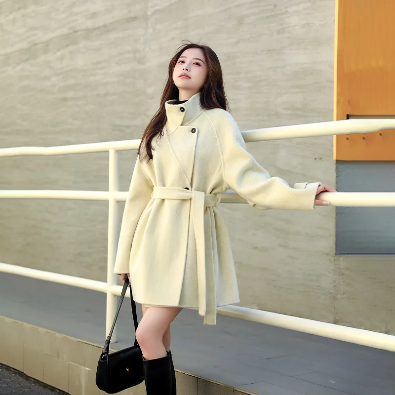 양면 카메라 와이드 레그 코트 여성용 가을 겨울 패션 한국 스타일 스탠드 칼라 루즈 울 재킷 우아함