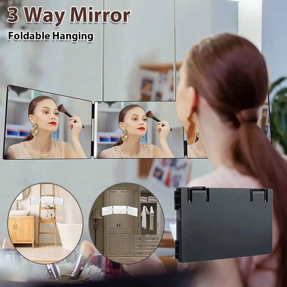 Hot 3-Way Mirror for Hair Cutting, Trifold 360° Mirror for Self-Haircuts and Shaving, Retractable Hanging Makeup Mirror with 10X