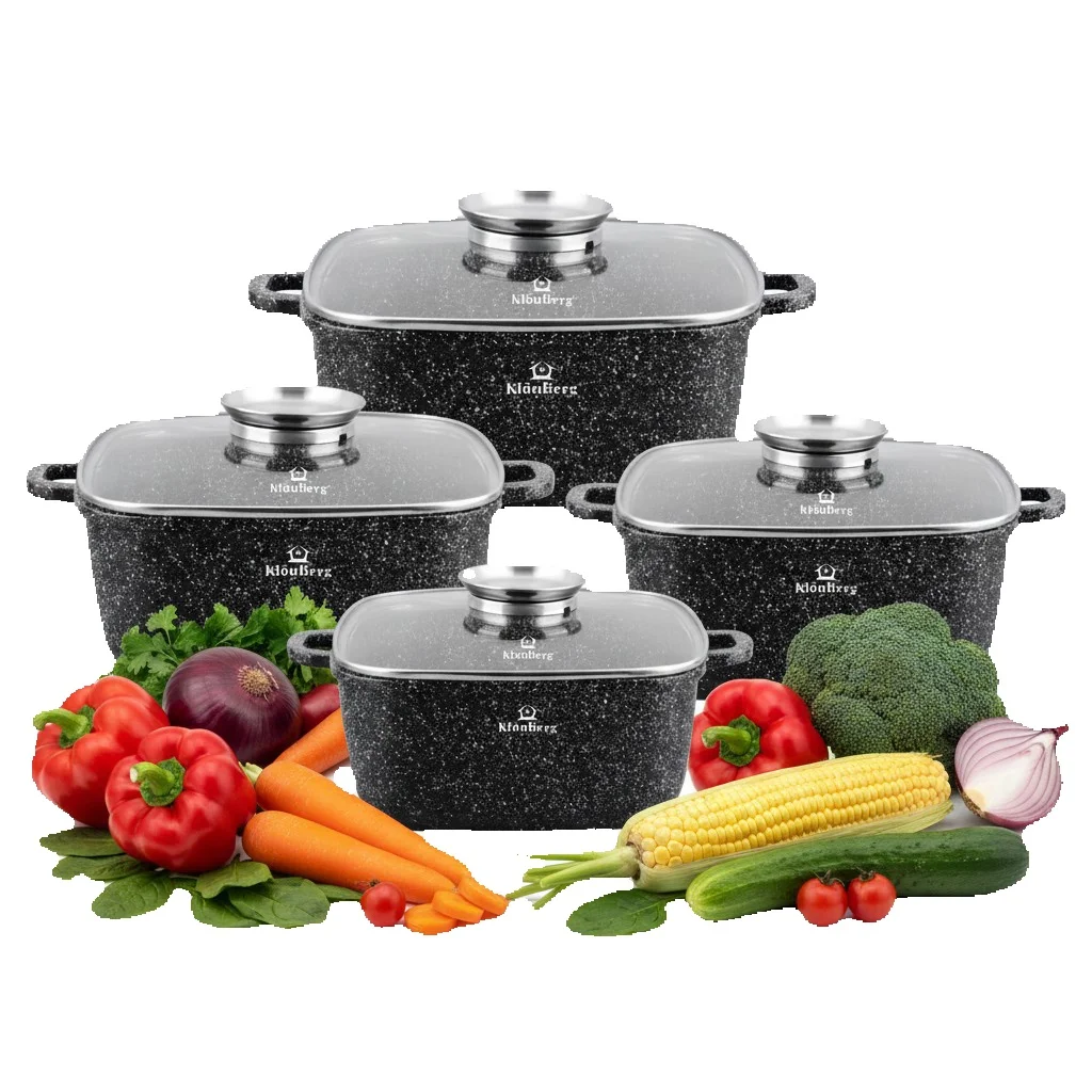 Ensemble de casseroles KlönBerg 8 pièces |   Revêtement marbré |   Pot |   Avec couvercle |   Revêtement antiadhésif |