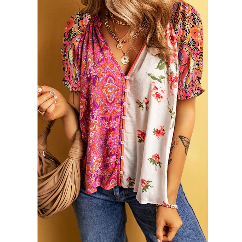 Puff Short Sleeve V neck Blouse Shirts Women Tops Vintage Summer Blouses Boho Beach Floral Printed Cotton Rayon Ladies Blusas