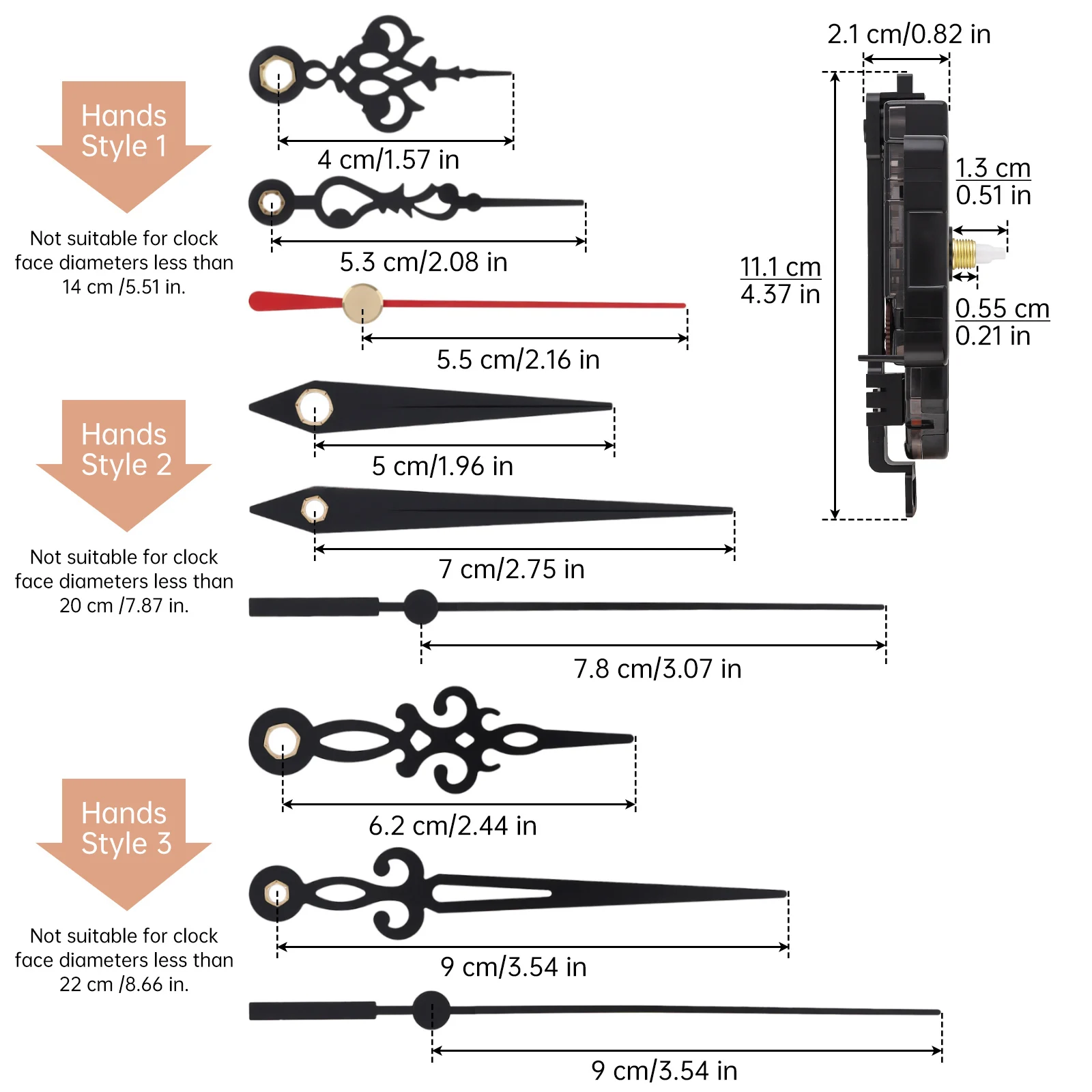 13 mm Shaft 5.5 mm Thread Length Quartz Pendulum Clock Movement  Mechanism Kit Replacement with 3 Sets of Hands & Pendulum