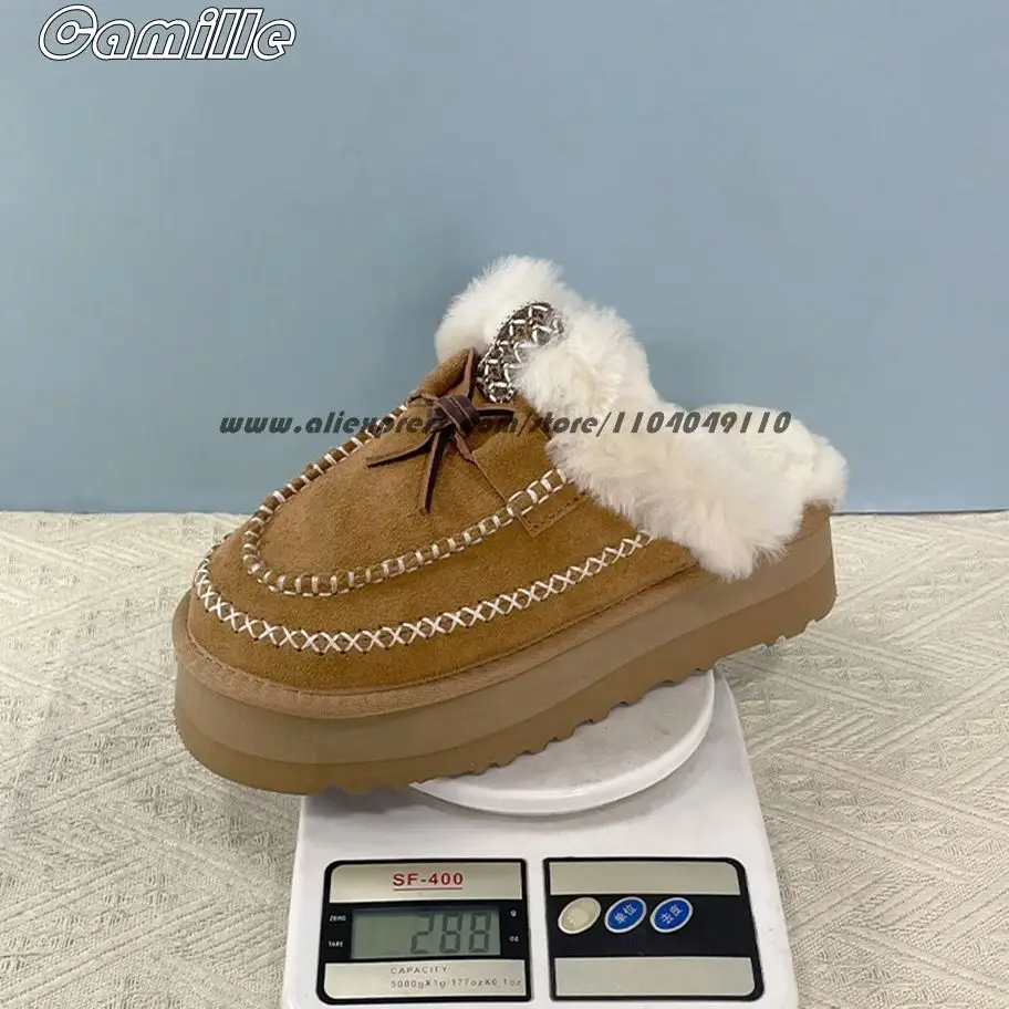 

Retro Fur Pure Wool Thick Sole Snow Short Plush Snow Slippers Round Toe Platform Casual Winter Slides Size 35-40 Casual Shoes