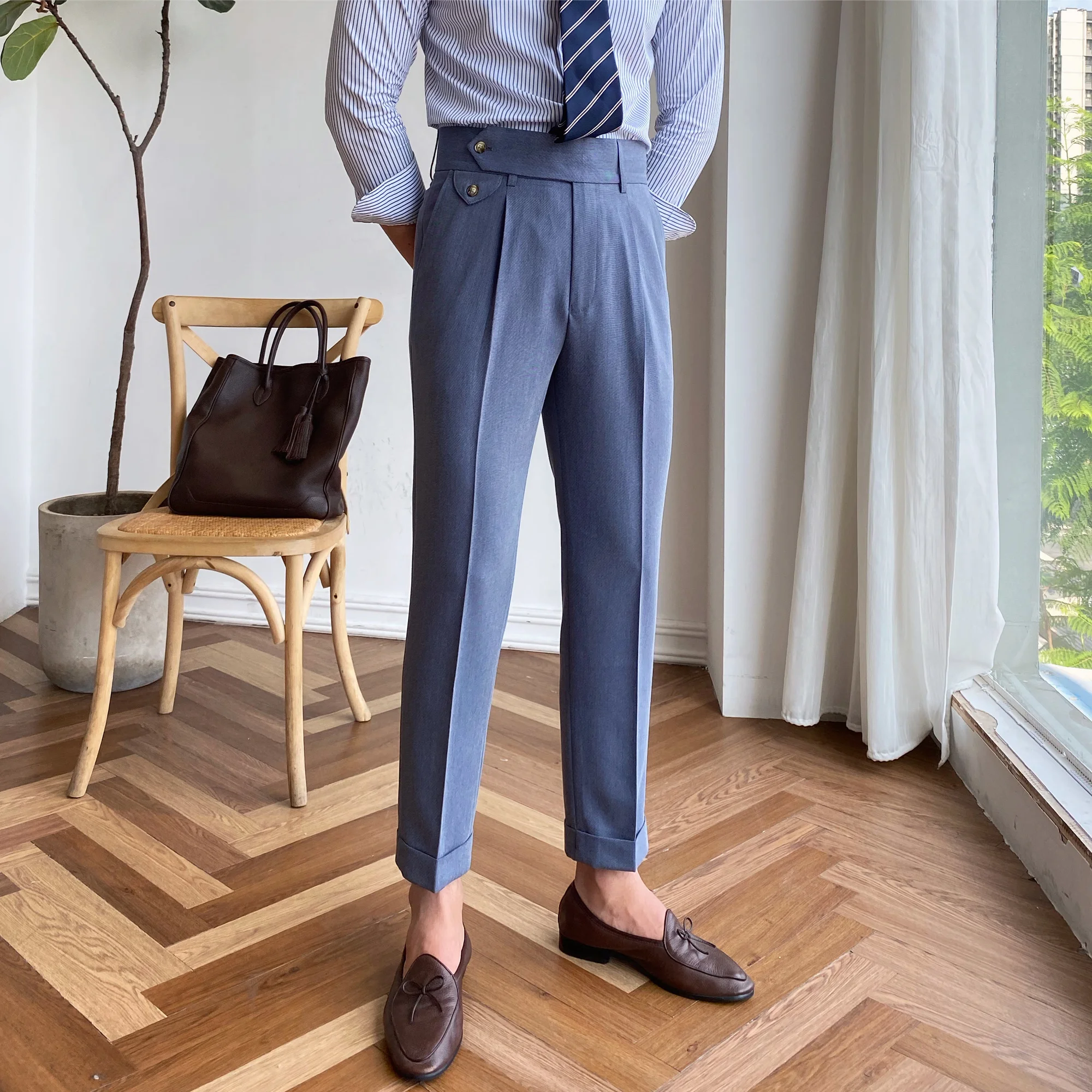 Mens Italian Formal Pant Pantalones Hombre 2022 Dress Ankle Pants Men British High Waist Straight Pants Men Social Trousers Pant