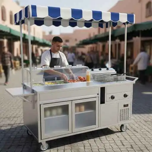 Modern Outdoor Food Cart Canopy Mobile Kitchen Street Food Vending Refrigerated Display & Dual Fryer Station Production Line