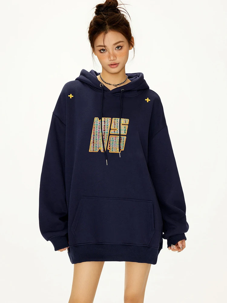 

Letter Embroidery Women Hoodies Streetwear Loose Long Sleeve Vintage Casual Sweatshirts Bf Hip Hop Retro Pocket Lady Gothic Tops