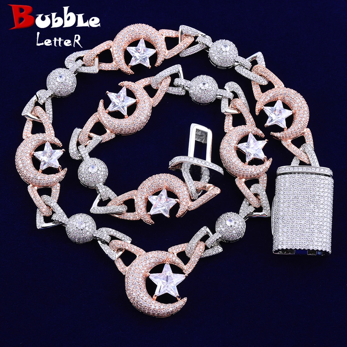 

Кубинская цепочка с пузырьковой буквой Iced Out Moon Star для мужчин, настоящее медное ожерелье с кубическим цирконием, колье, ювелирные изделия в стиле хип-хоп