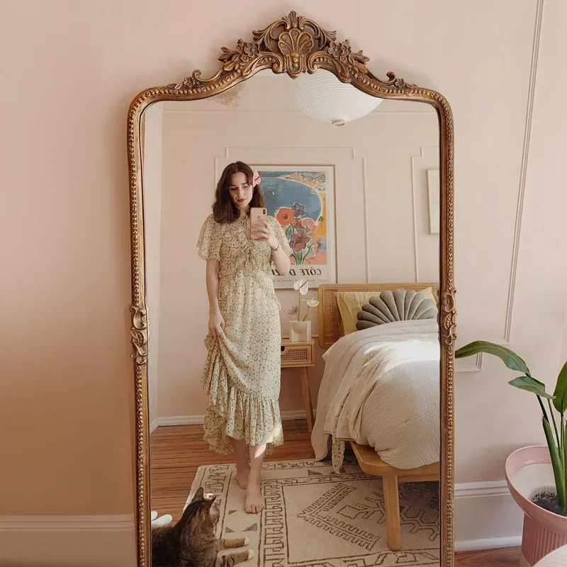 

French Vintage Full Body Mirror Wall Hanging Dressing Mirror Living Room Cloakroom Household Floor Mirror European Large Makeup