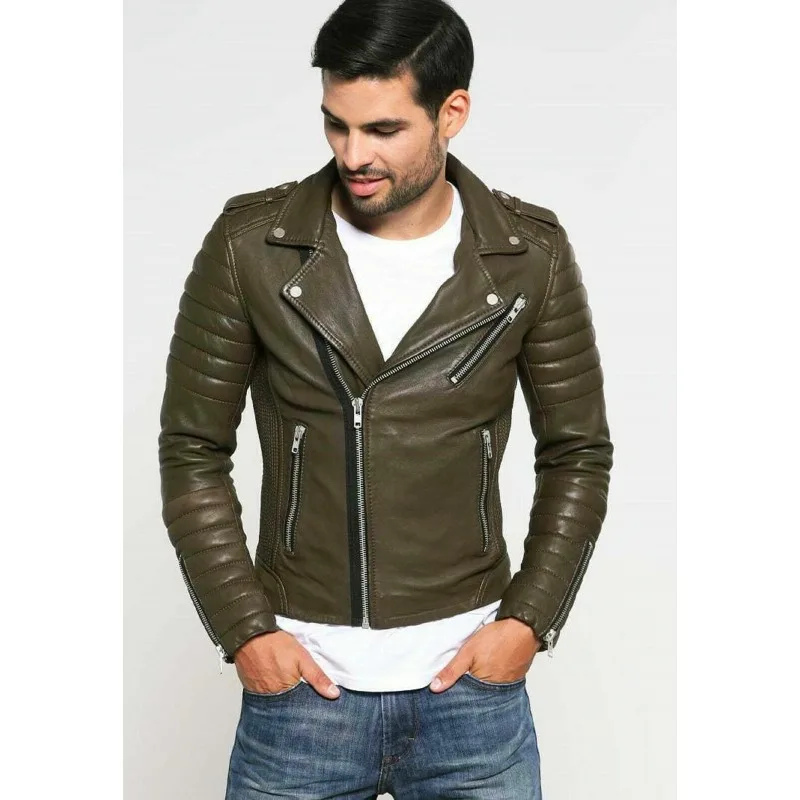 

Men's Genuine Lambskin Olive Green Leather 100% New Slim Biker Jacket