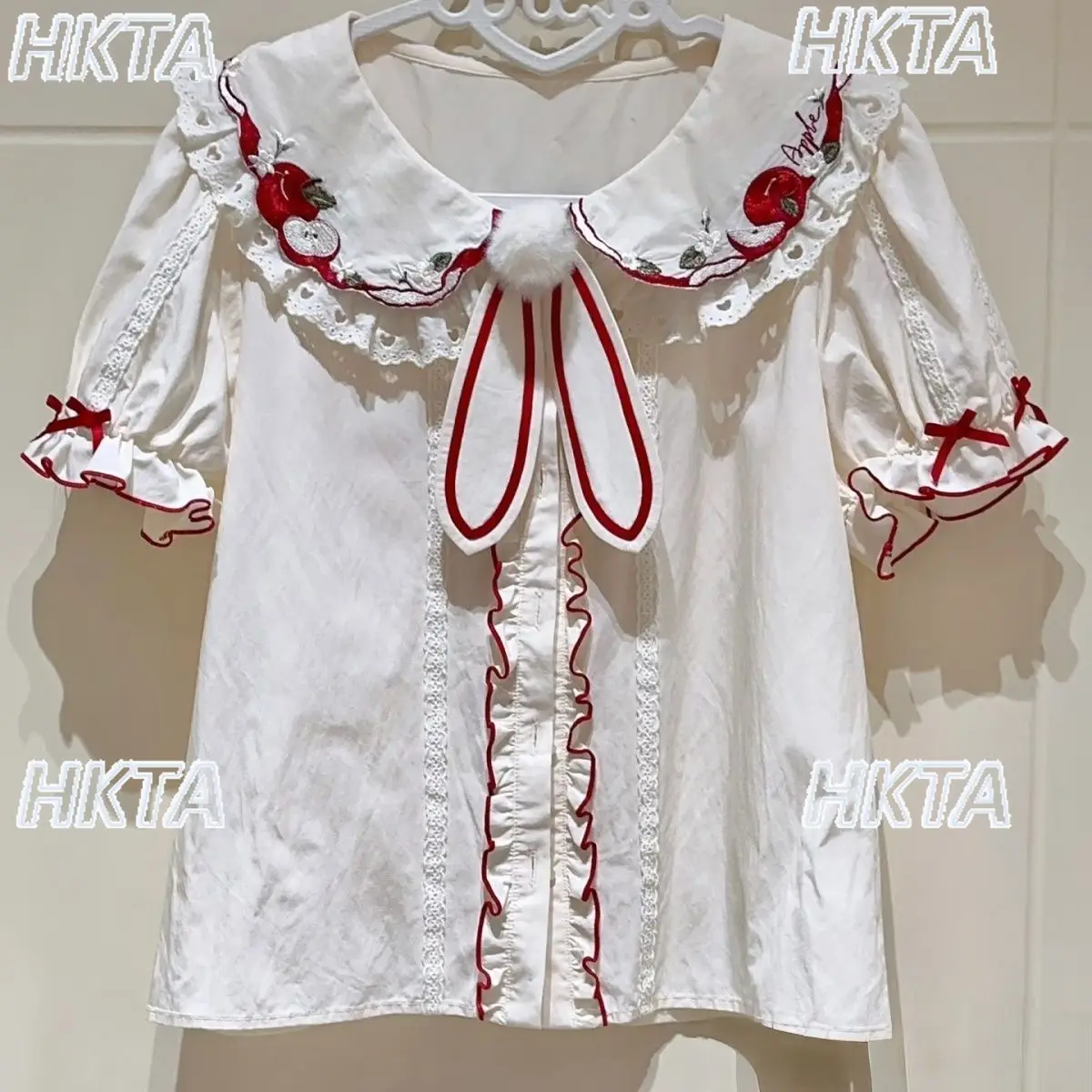 일본식 달콤한 자수 리본 주름 로리타 셔츠 귀여운 인형 칼라 버블 반소매 레이스 다용도 블라우스 여성용