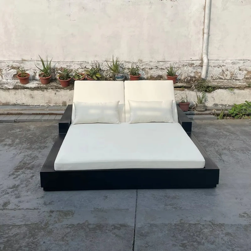

Modern All-Weather Black Metal Outdoor Furniture Poolside Double Sunbeds Lounge Chair Reclining Outdoor Aluminum Chaise