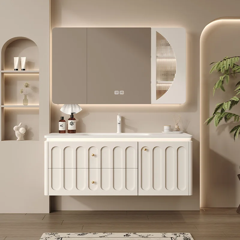 

New French cream style bathroom combination rounded corner Corian integrated basin ceramic washstand oak bathroom cabinet