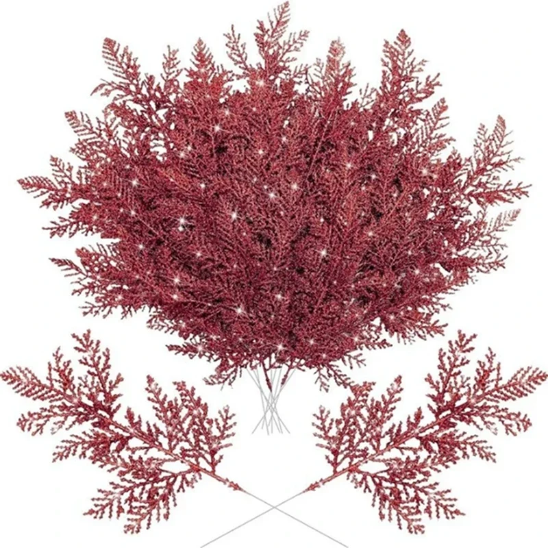 Glitzernde Künstliche Kiefernnadel-Zweige 5/10 Stück Weihnachtsbaum-Kranz DIY Blattwerk-Stiele Heim-Party Weihnachtsgirlande Deko-Ornamente – Detail 12