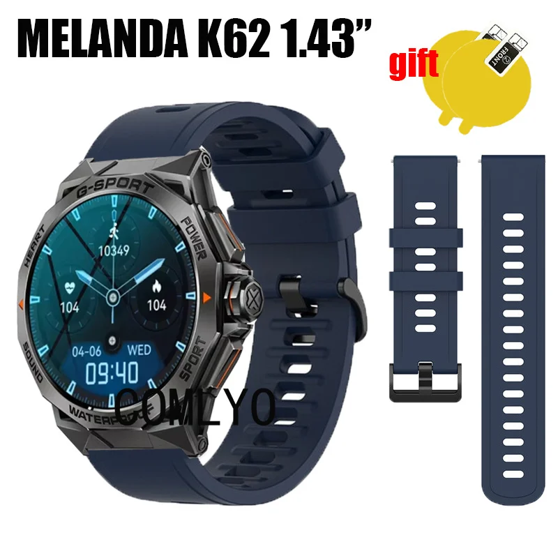 For MELANDA K62 1.43” Smart Watch Strap Silicone Band women men Soft Sports Wristband Bracelet Screen Protector Film