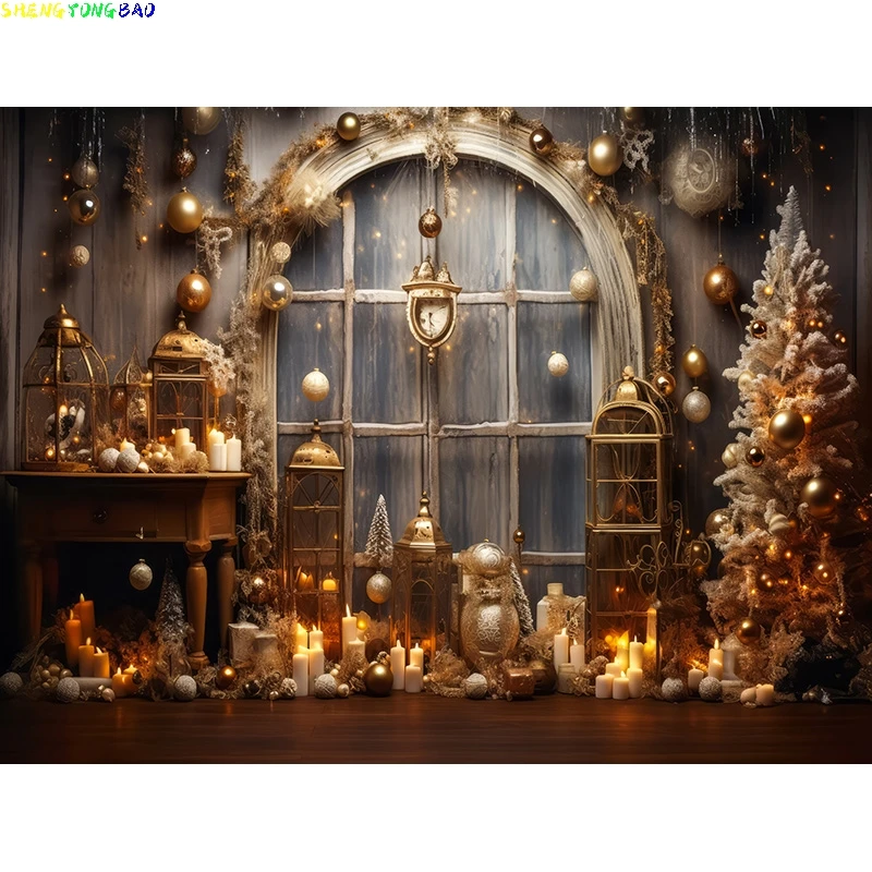 Christmas Tree With Gift Boxes Photography Backdrops Winter Snow Decorations Wooden Door Fireplace Room Background Props WR-17