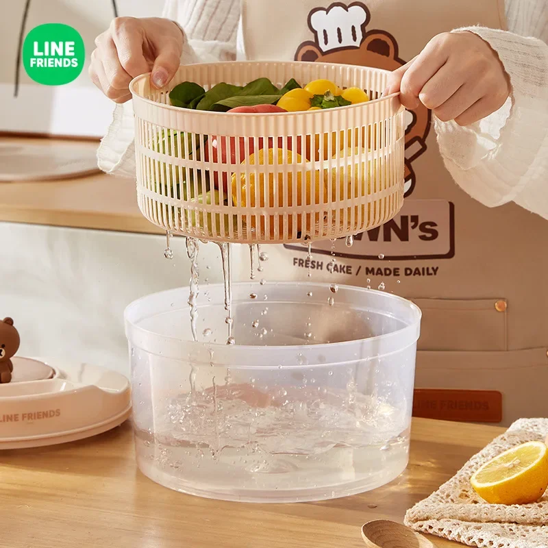 LINE FRIENDS Brown Vegetable Dehydrator Kawaii Storage Home Kitchen Press Rotating Cartoon Fruit Anime Vegetable Draining Basket