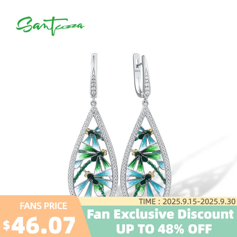 

SANTUZZA 925 Sterling Silver Earrings For Women White CZ Green Enamel Dragonfly Oval Drop Earrings Trendy Fine Jewelry Handmade