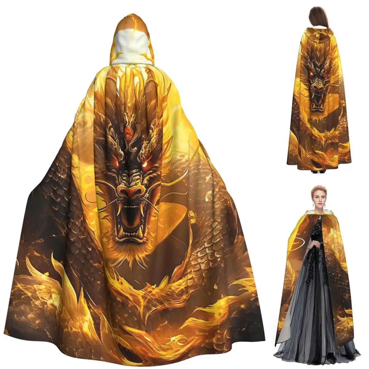 

Длинный плащ с капюшоном и портретом дракона, средневековый костюм ведьмы, накидка для косплея, накидка на Хэллоуин, вечеринка для взрослых, унисекс