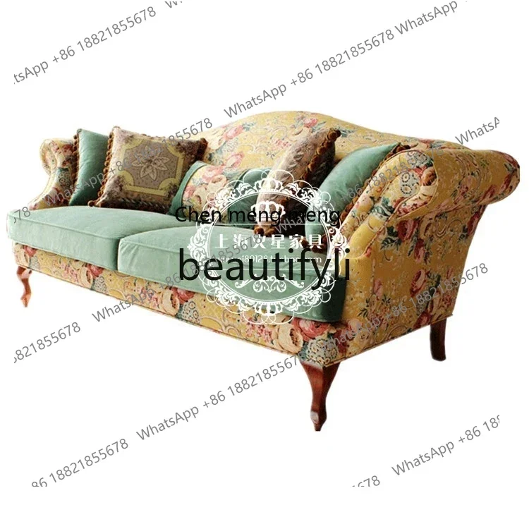 D178 أريكة خشبية صلبة من القماش الرعوي الأوروبي مفردة مزدوجة ثلاثية أريكة غرفة معيشة فيلا راقية كلاسيكية في الريف الأمريكي