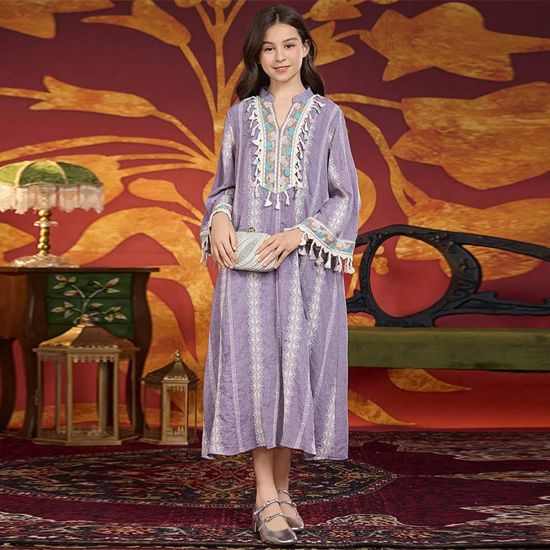 

Этническое мусульманское детское платье Абая для девочек с вышивкой и кисточками, Марокко, кафтан, исламская детская одежда, свободный арабский халат Джалабия, кафтан