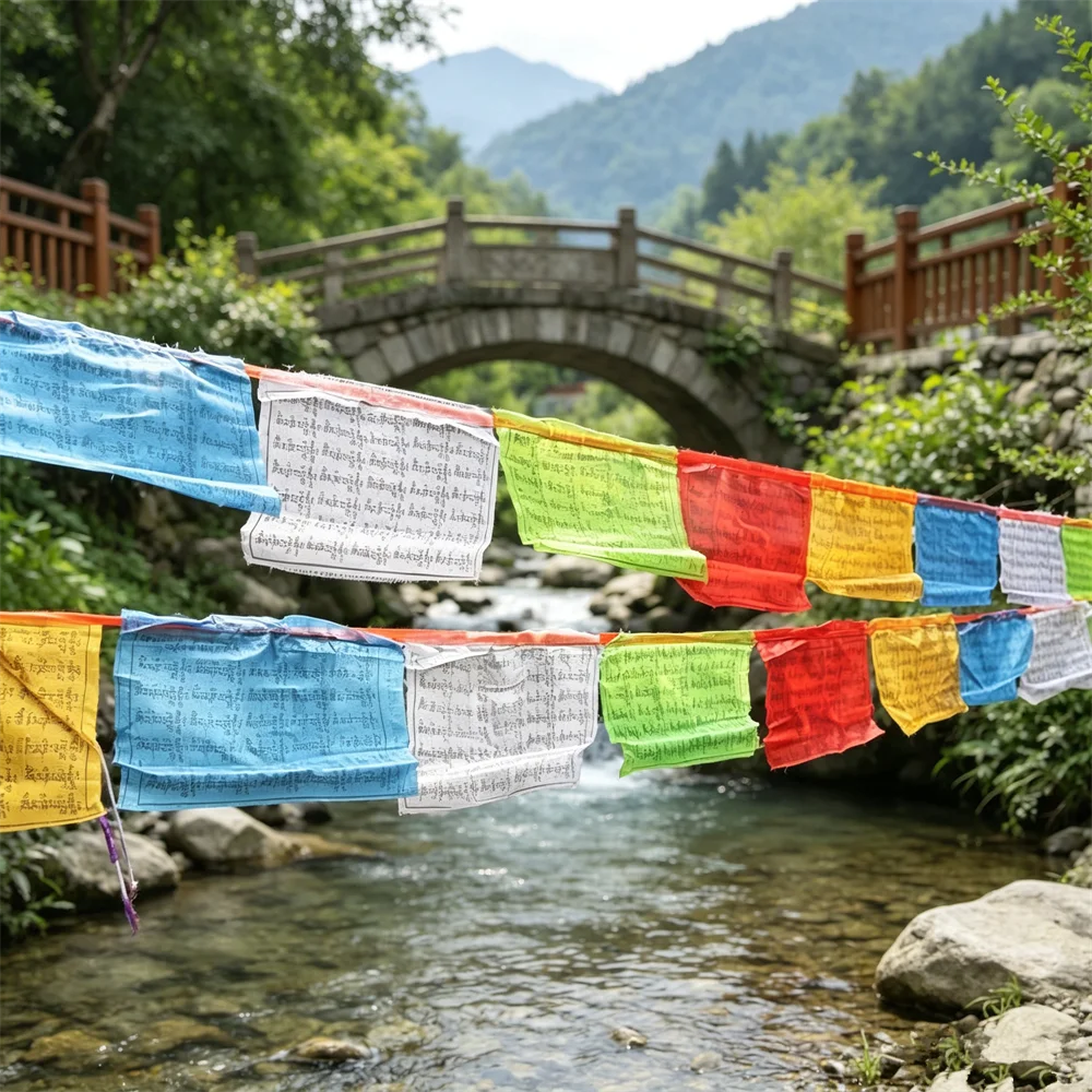 10 Rolls 5M Tibetan Style Prayer Flag 20Pcs/string 5 Elements Guanyin Mantra Sutra Banner 25*15cm Colorful Hanging Flag
