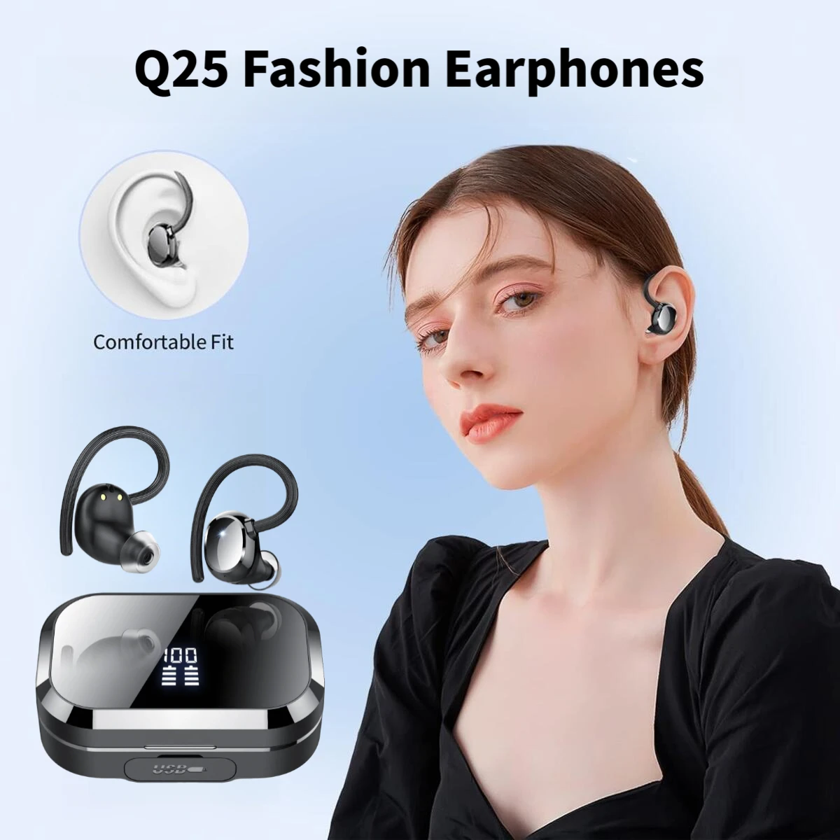 

New Q25 Wireless Bluetooth Ear-Hook Earphones LED Power Display Phone Emergency Charging Comfortable Wear for Office Music Gift