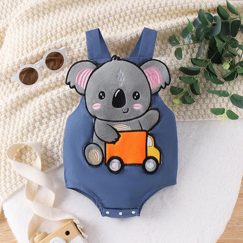 Lovely Baby Boy Girl Sleeveless Romper Square Neck Koala Car Patch Adjustable Overalls Infant Jumpsuit Summer Clothes 0-18M