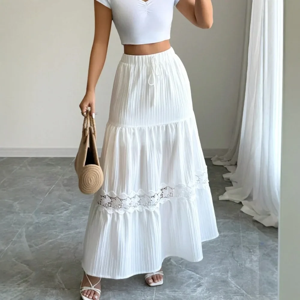 Women 2026 Summer White Lace Trim High Waist A-Line Chiffon Maxi Skirt Flowy Breathable Soft Flattering Daily Beachwear Comfy