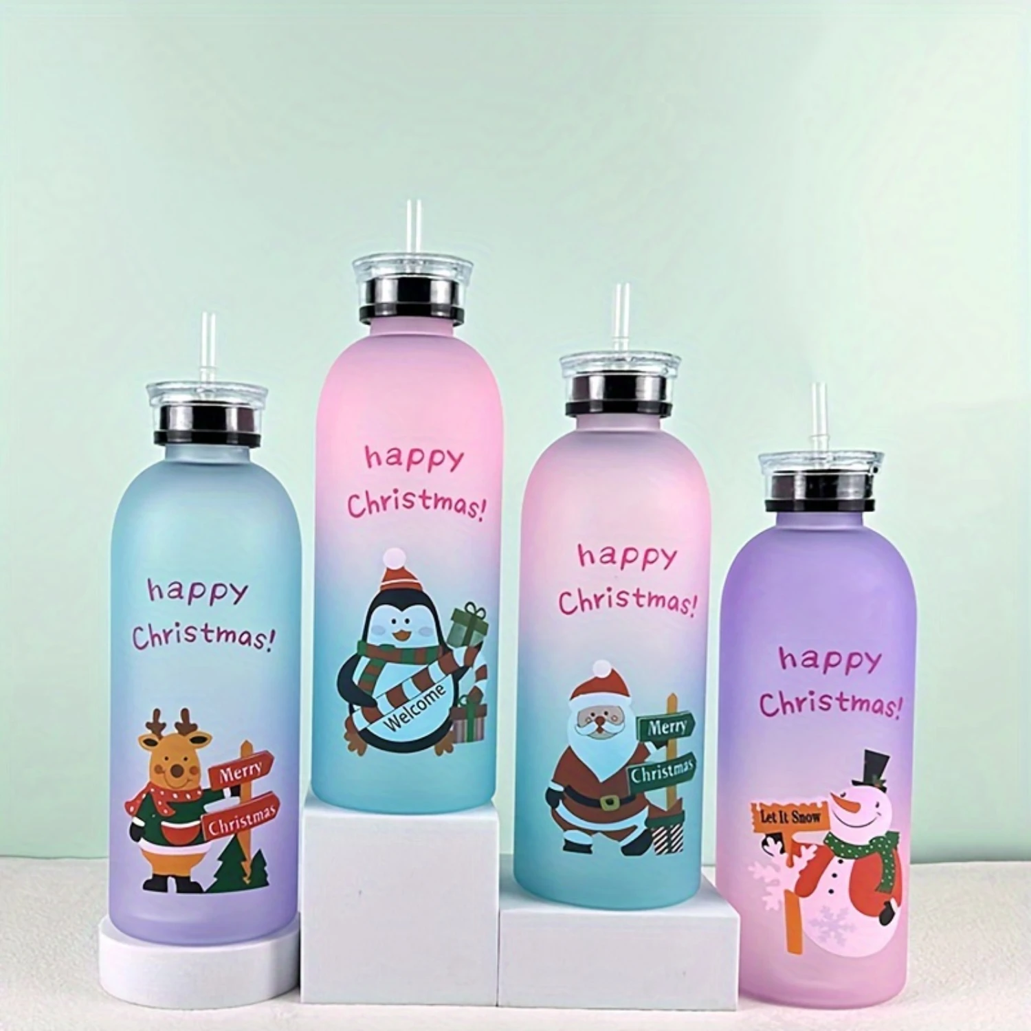 4pc Christmas Style Portable Outdoor Sports Water Bottle, Healthy Silicone Straw, Cover Design 1000ml/33.81oz Large Capacity Chr