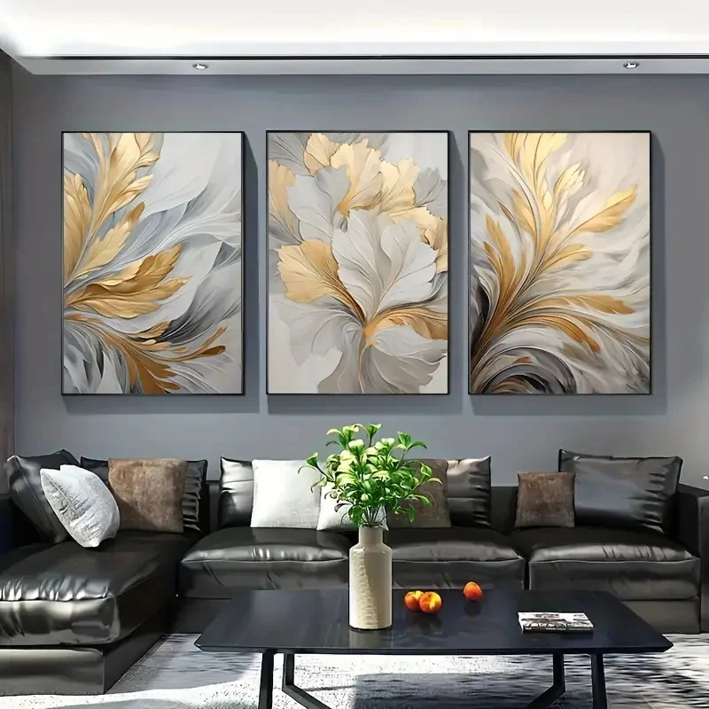 3pcs/set Golden White Leaves Poster Canvas Print Wall Art Luxury Posters Living Room Bedroom Office Hallway Decoration Painting