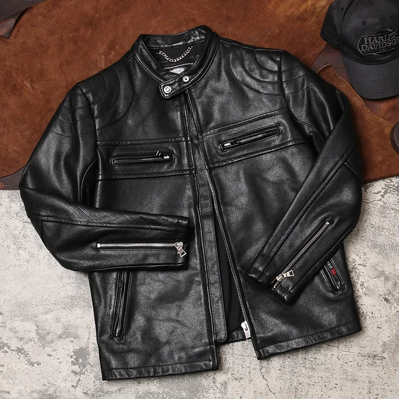 

High Quality Leather Jacket Men Slim Thick Cow Leather Coats Stand Collar Motorcycle Jacket Streetwear Men's Clothes WPY3888