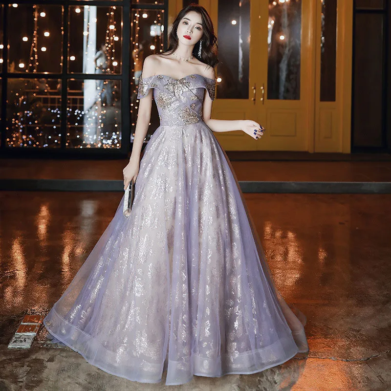 

Off Shoulder Evening Gown For Women 2024 Spring New Banquet Ball Tailing Dress Exquisite Appliques Waist Party Puffy Dresses