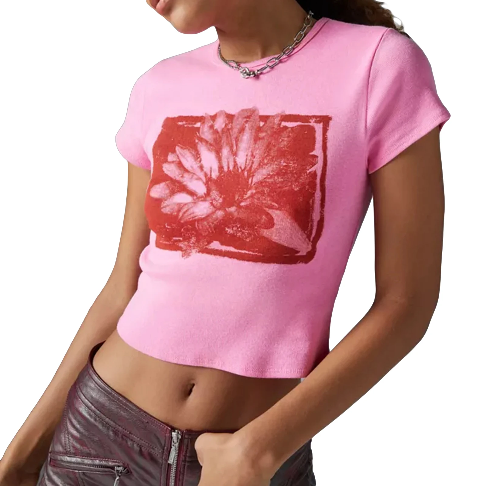 Women's Slim Fitting T-Shirts Summer Lotus Print Short Sleeve Tee T-Shirts