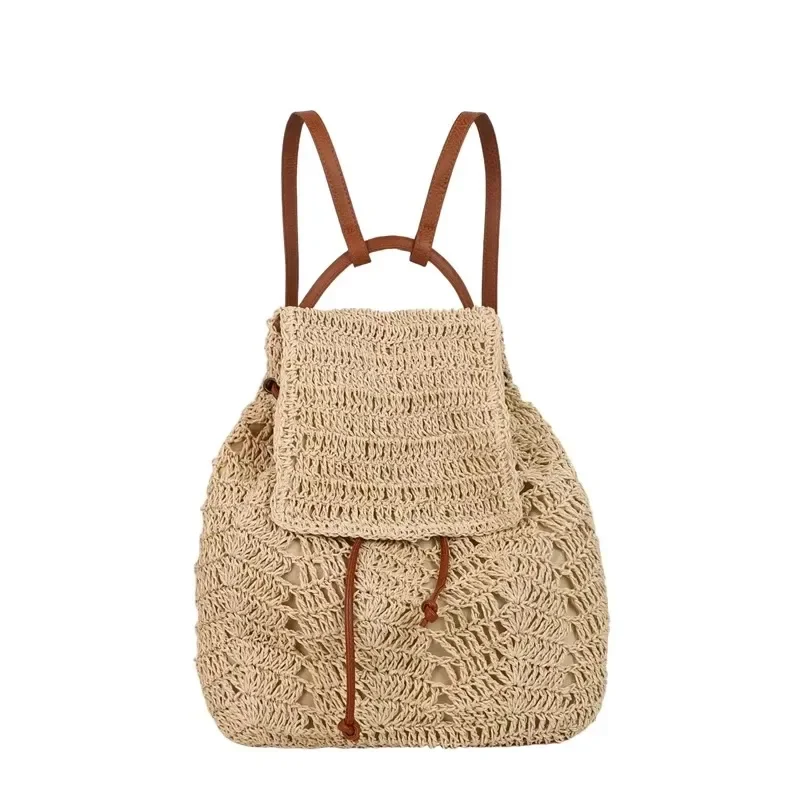 Concise Large Capacity Straw Weaving Hollow Out Drawstring Backpacks 2025 New High Quality Versatile Commute Student Backpacks