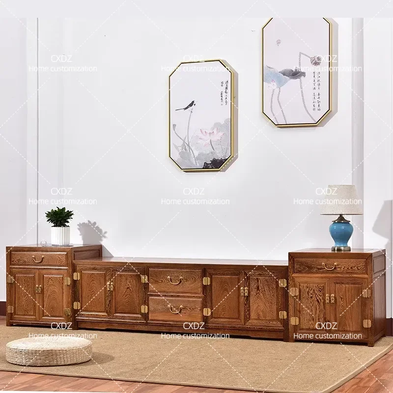 Modern Chinese Style Living Room TV Cabinet Antique Classic Wooden Media Console Storage Locker Low Profile Floor Stand