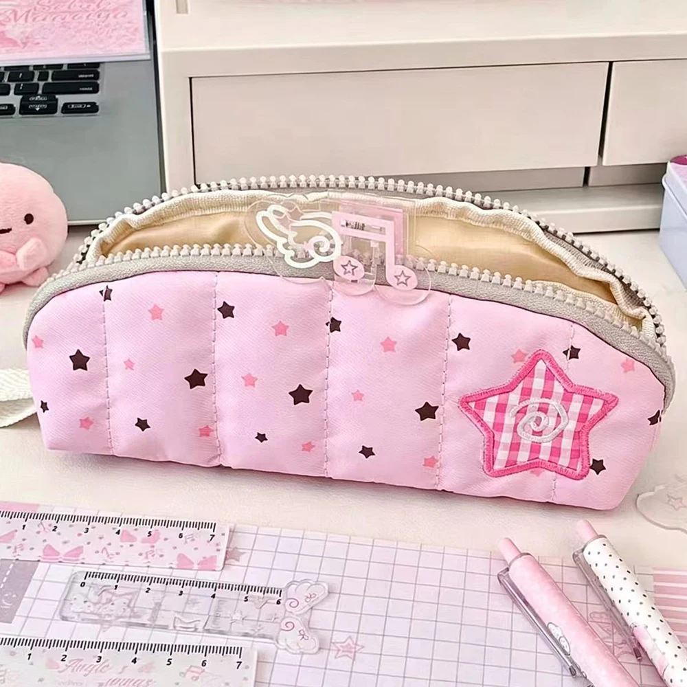 Pink Mist Star Pen Bag, Embroidered Pentagram Stationery Box, Large Capacity Stationery Storage Bag, Cosmetics Storage