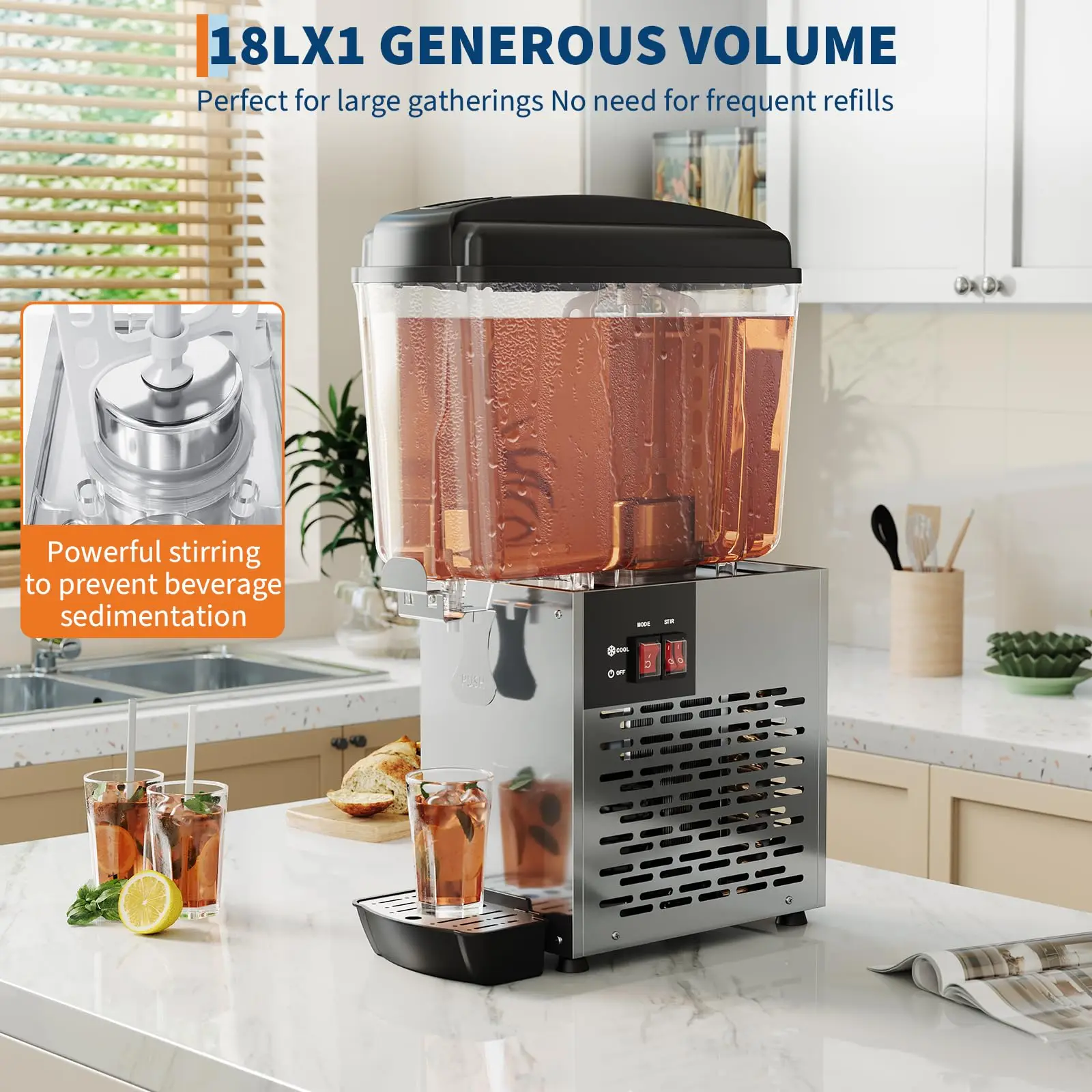 18L 상업용 음료 디스펜서 스테인리스 스틸 청소 용이 빠른 냉각 식품 등급 아이스티 주스 기계 호텔 파티용