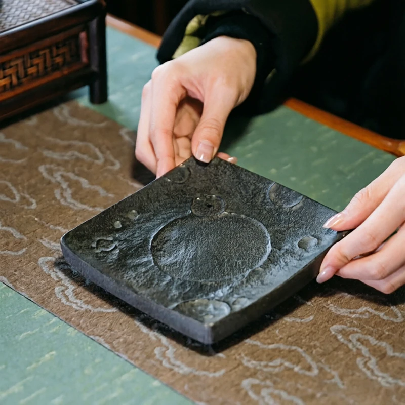 Black Basalt Tea Tray 15x15cm Zen Hand Carved Meteorite Crater Incense Holder Art Display Base Home Decor Tea Ceremony Gift