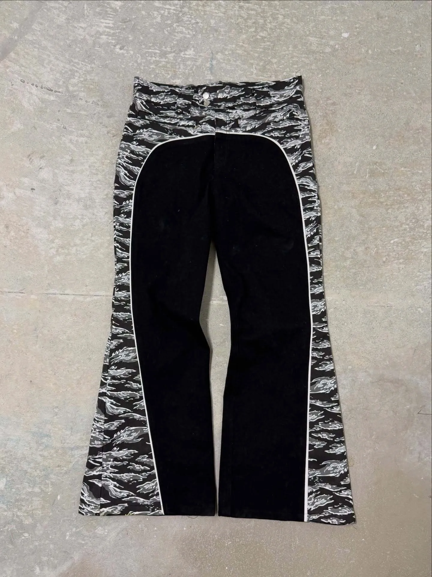Goth Y2K Women Low Rise Flared Trousers Zebra Stripe Patchwork Slim Bootcut Pants Dark Alt Streetwear