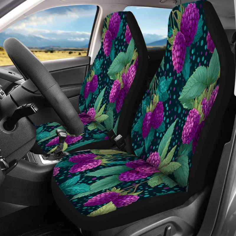 Set Of 2 Front Seat Covers For Cars, Featuring A Purple Berry Bliss Design. These Breathable Vehicle Cushions Do Not Have Back P