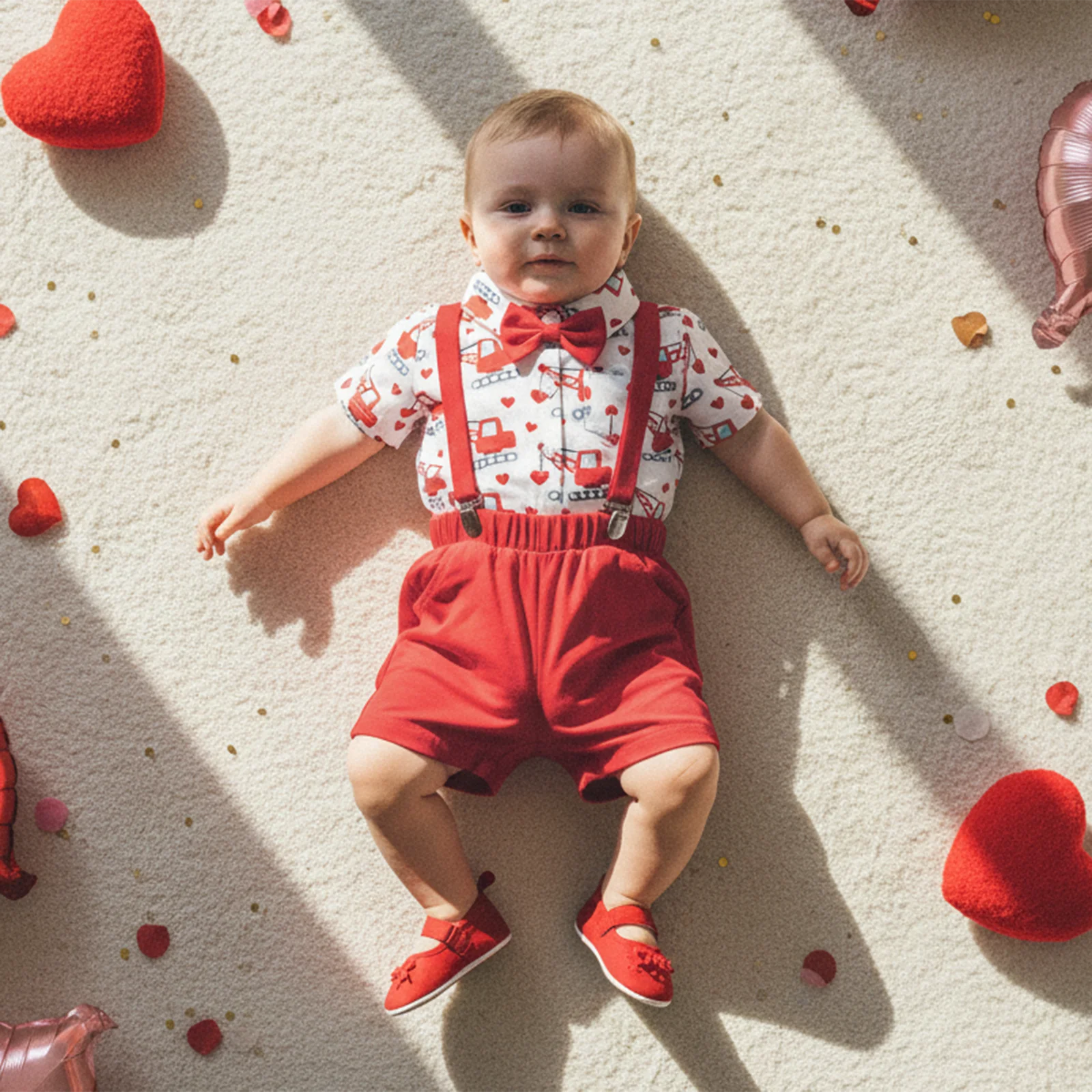 

Одежда для малышей, наряд на День Святого Валентина для мальчиков, комбинезон с короткими рукавами и галстуком-бабочкой в форме сердца и шорты на подтяжках, комплект из 2 предметов