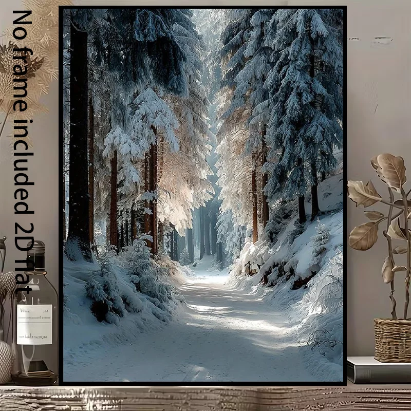 2D Flat, [2D Flat] 1pc Decorative Canvas Painting: Winter Snowy Forest Path - Sunlight Piercing Pine Needles, a Scenic Canvas