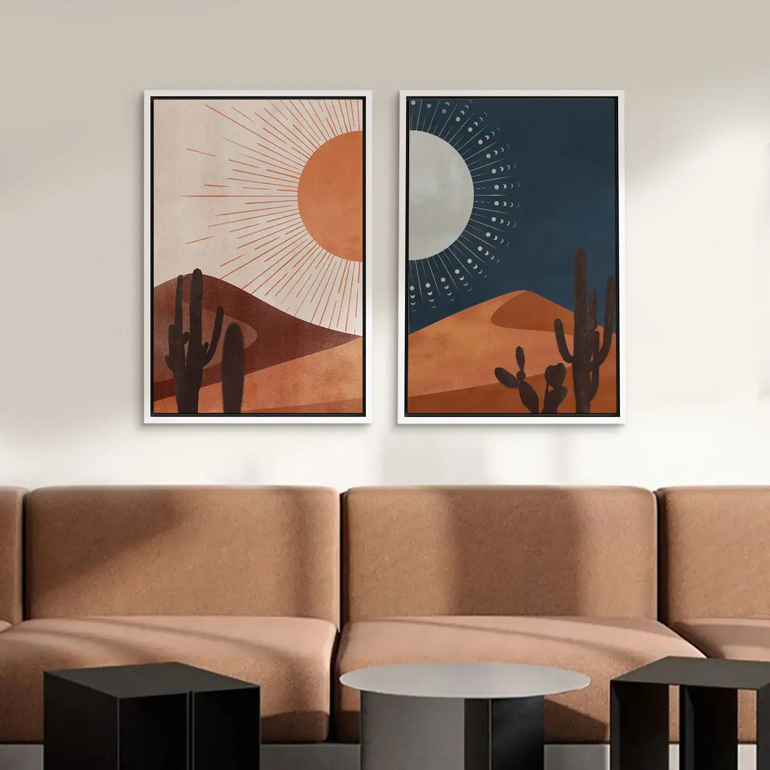 2 Pcs Canvas Wall Art, Sun and Moon Cactus Desert Landscape Art, Southwest Western Joshua Tree Pictures Print, Boho Wall Decor