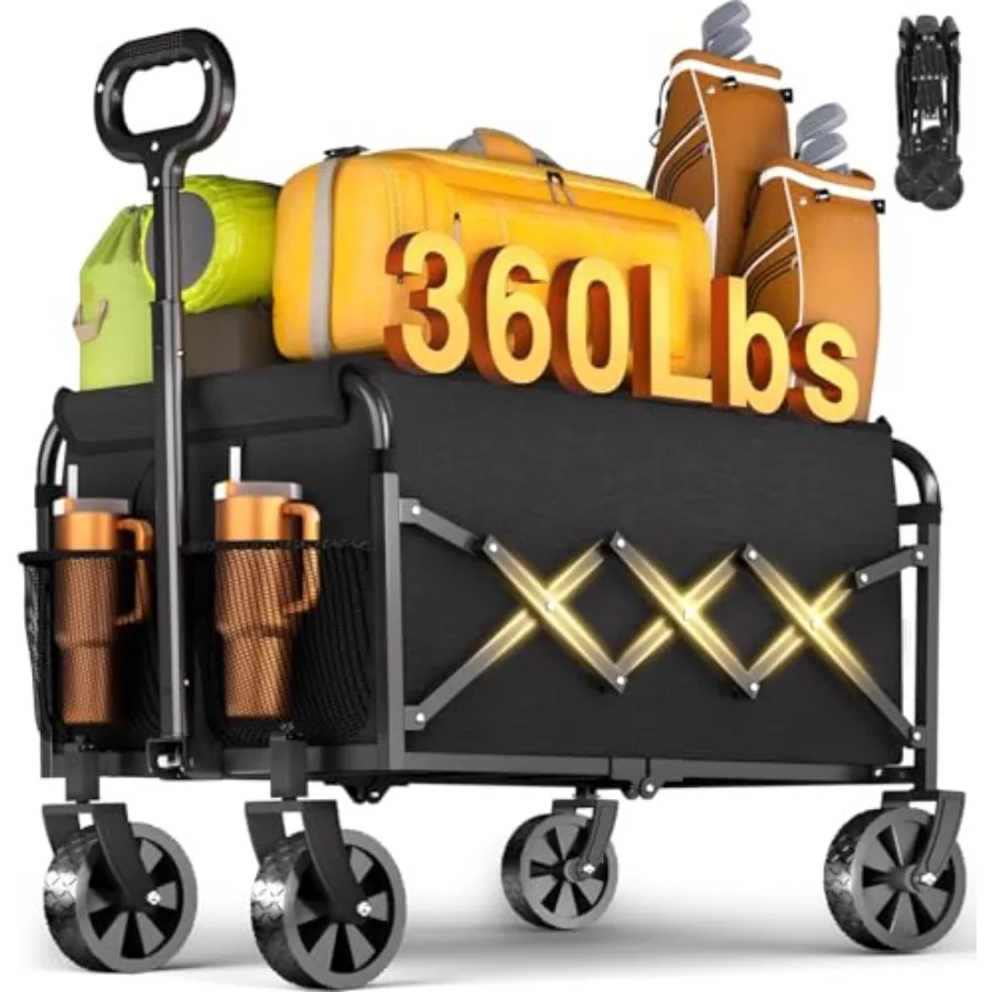 

Складная тележка-вагончик на 360 фунтов с колесами, портативная, легкая, для кемпинга, спорта, путешествий, пикников, покупок продуктов, черная