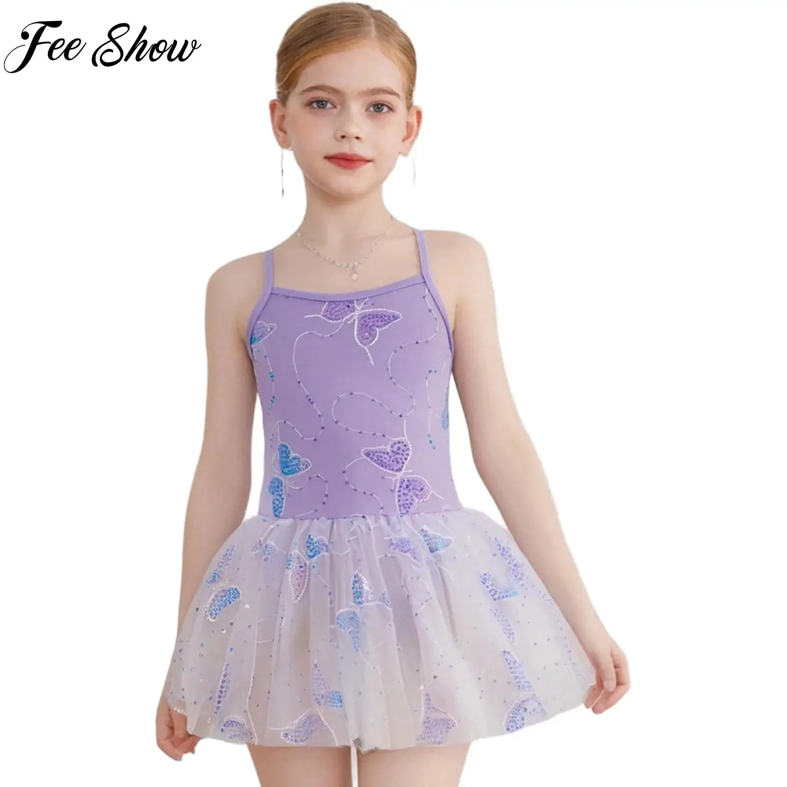 

Kid Girl Ballet Dance Performance Costume Sleeveless Cross Back Shiny Sequin Butterfly Embroidery Tutu Dresses+Built-in Briefs