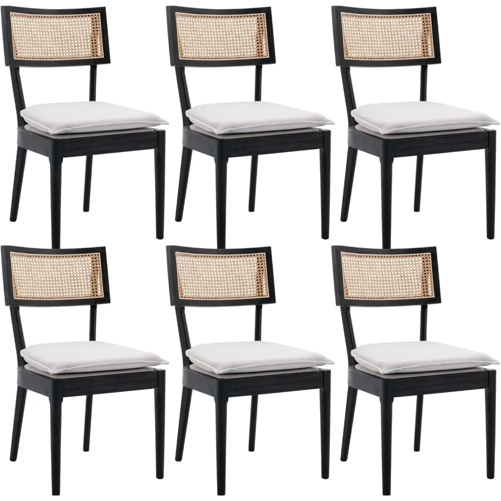 Rattan Dining Chairs ,Mid Century Modern Black Wooden Cane Back Chairs with Removable Linen Cushion ,Retro Farmhouse Upholstered